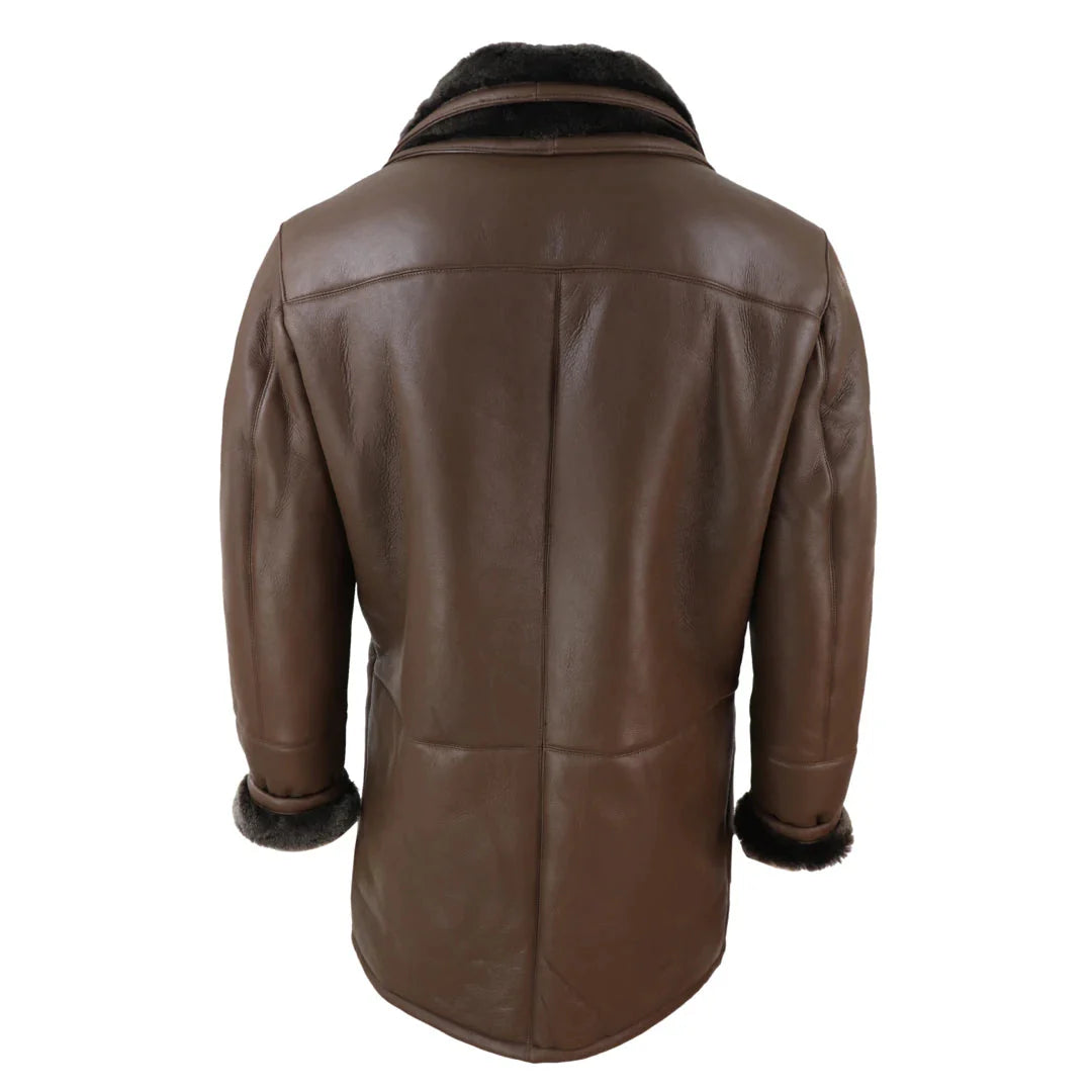 Jaqueta masculina 3/4 estilo duffle, em pele de carneiro, com zíper e botões, ideal para aquecimento - Marrom