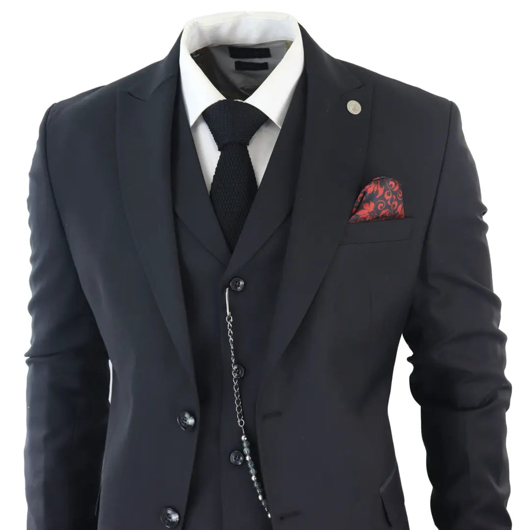 Terno clássico preto de três peças James para homem com lenço de bolso vermelho