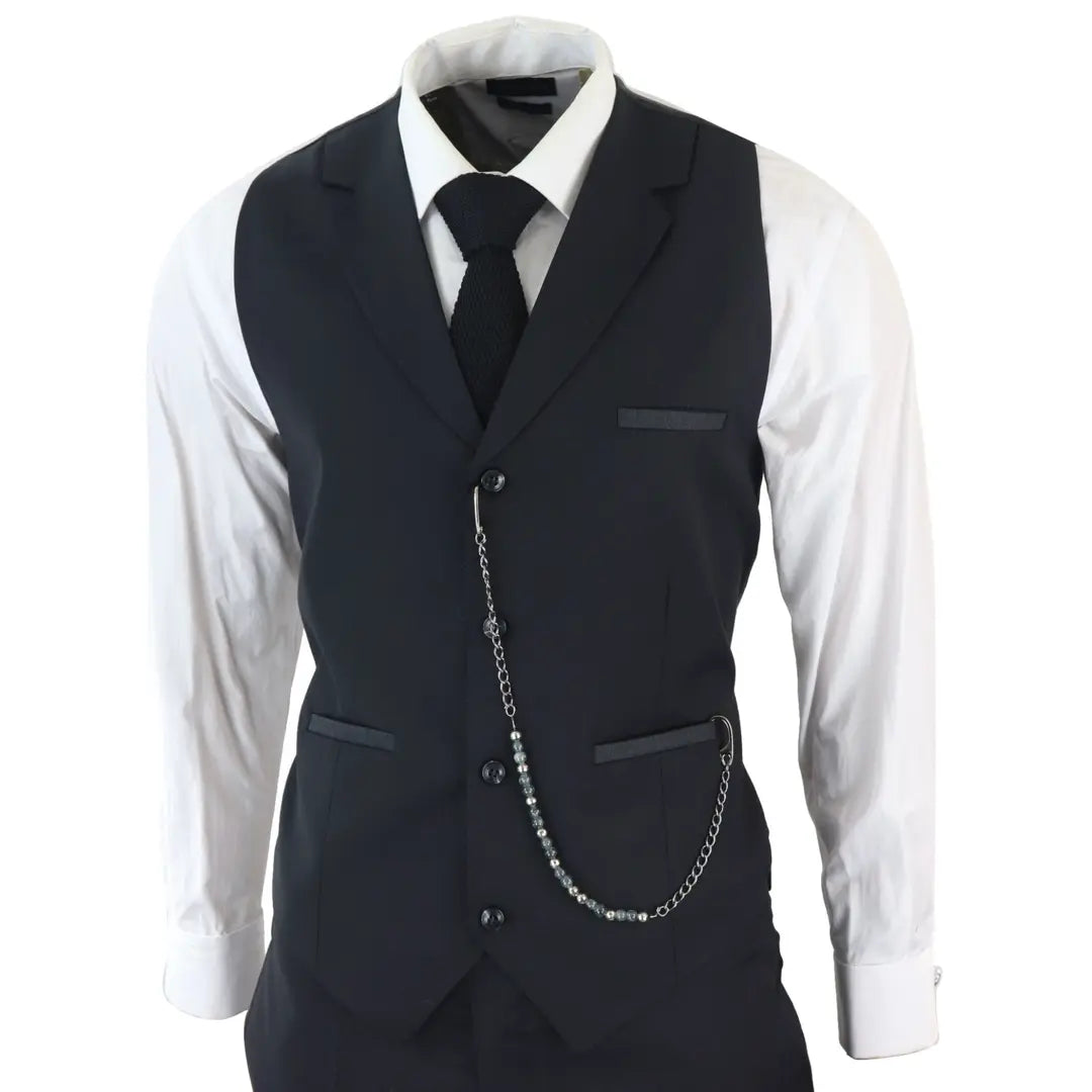 Terno clássico preto de três peças James para homem com lenço de bolso vermelho