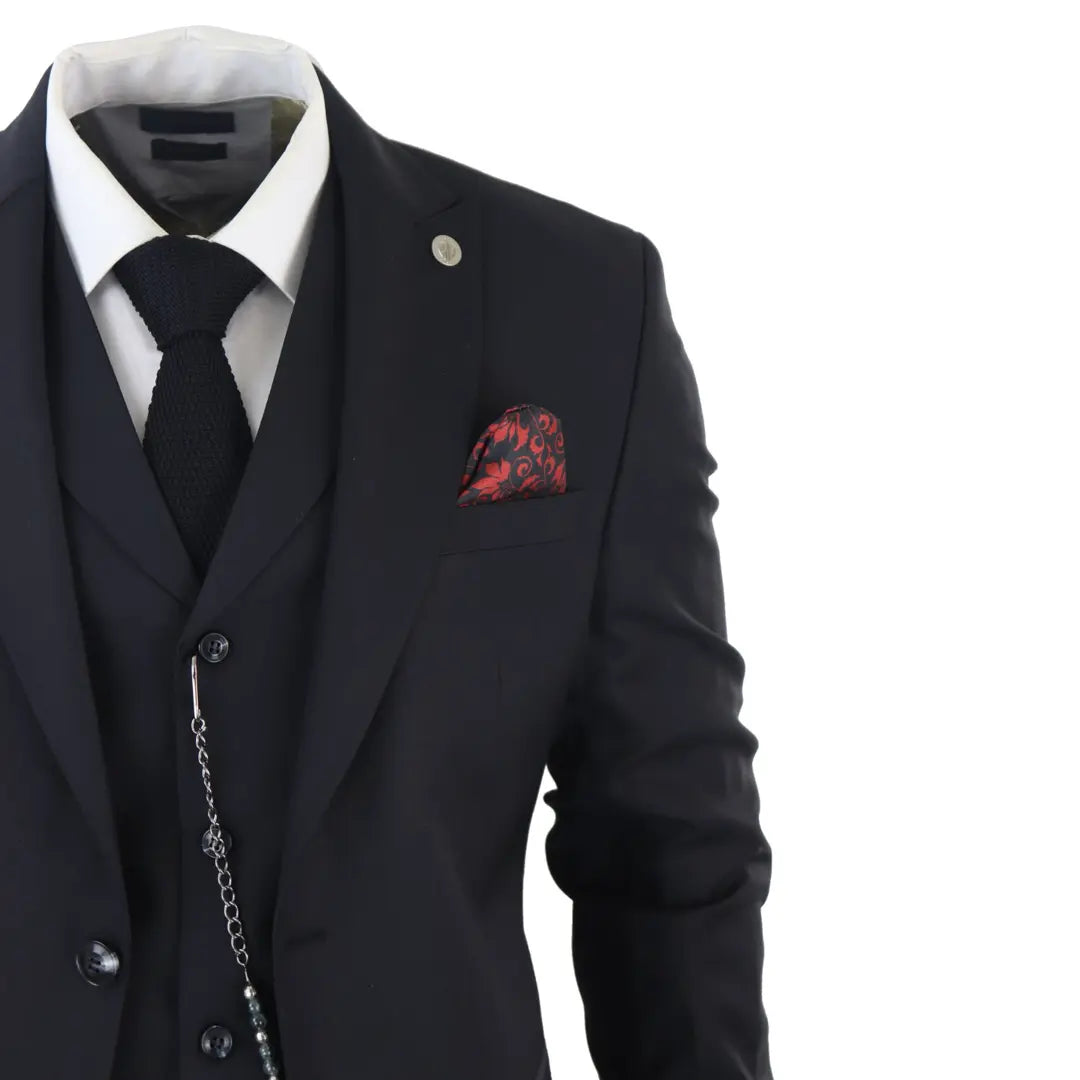 Terno clássico preto de três peças James para homem com lenço de bolso vermelho