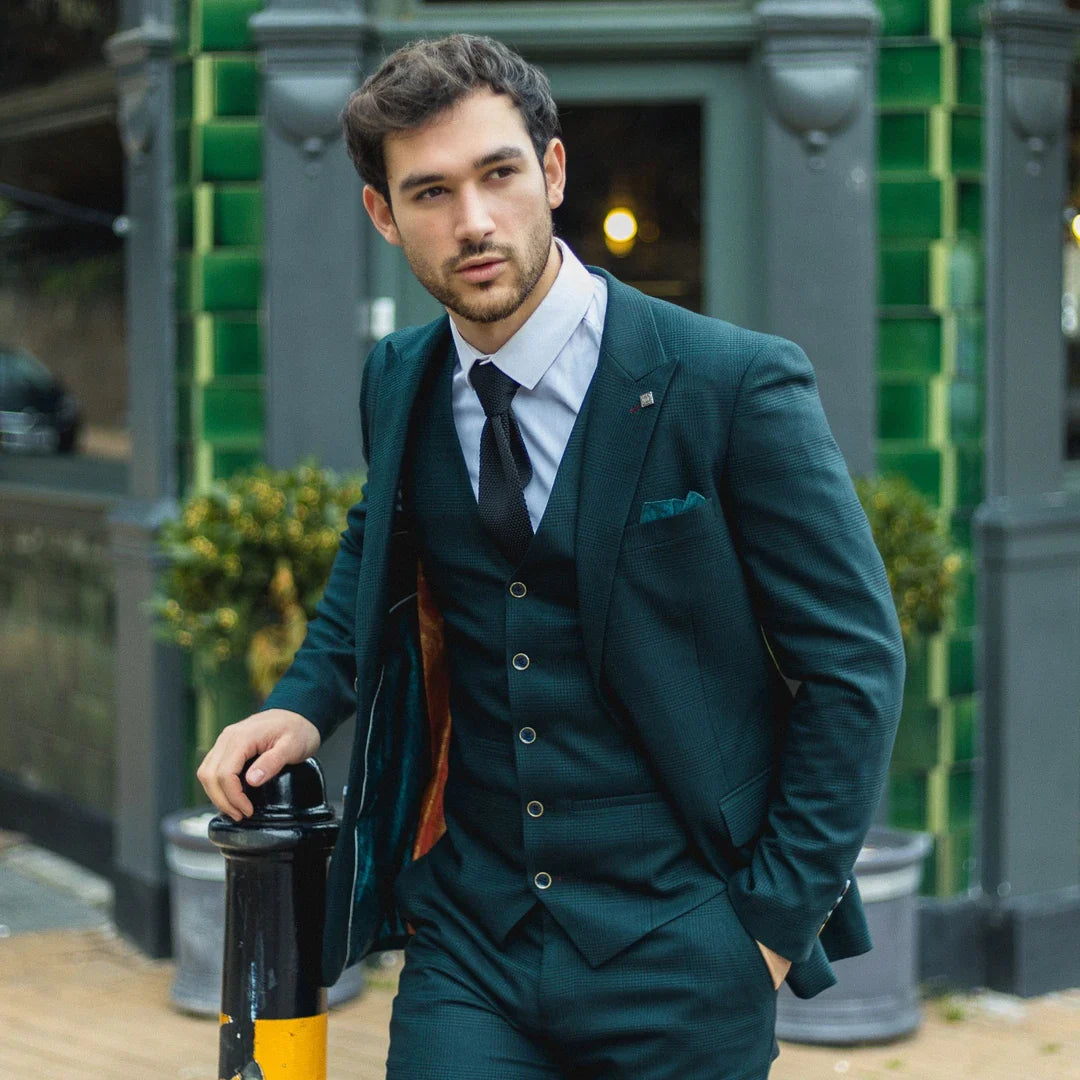 Terno masculino Jasper verde-oliva de 3 peças com xadrez Príncipe de Gales preto.