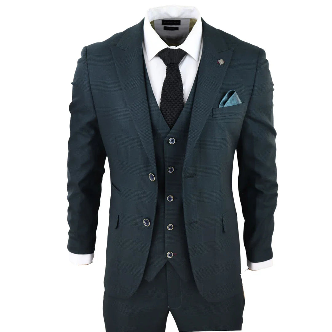 Terno masculino Jasper verde-oliva de 3 peças com xadrez Príncipe de Gales preto.