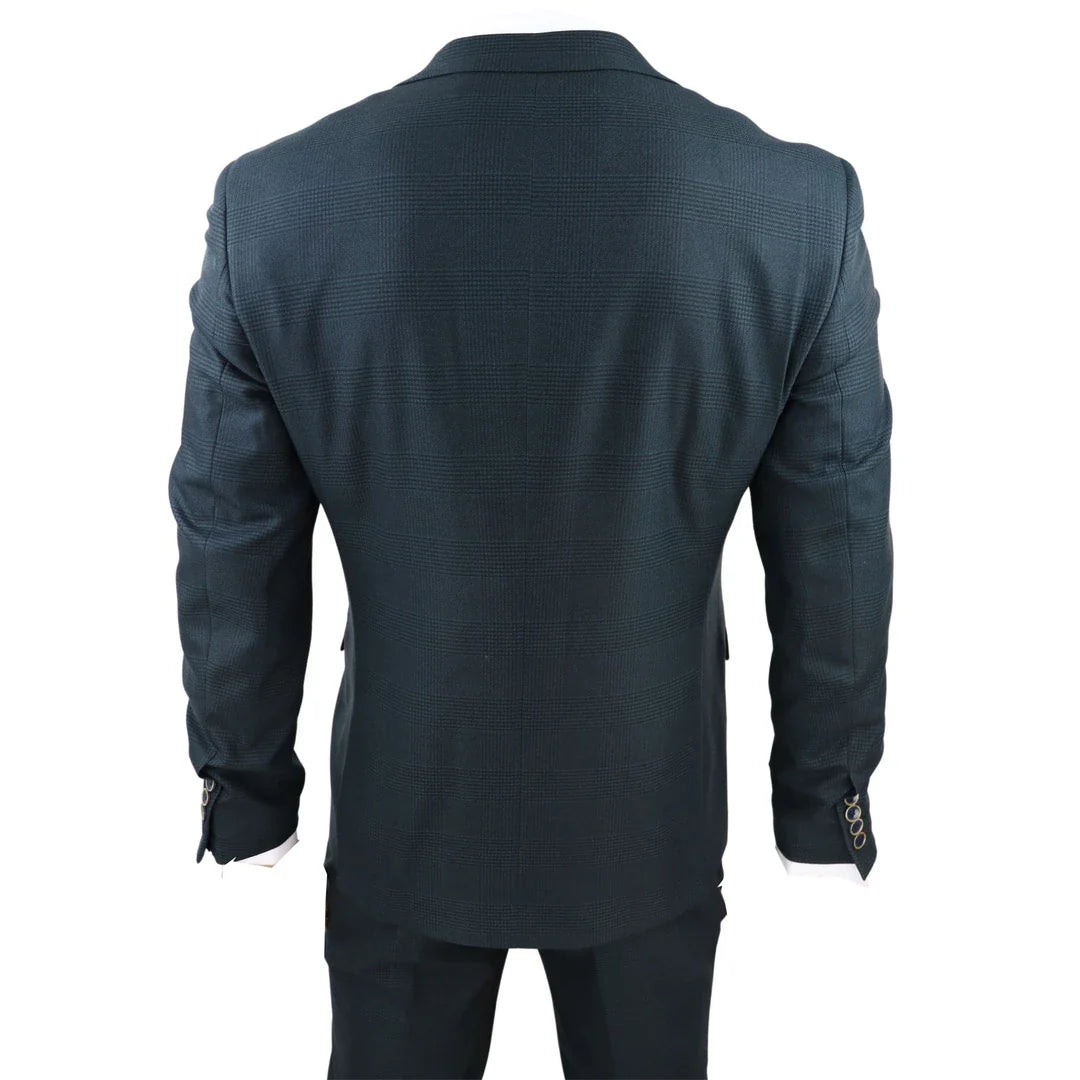 Terno masculino Jasper verde-oliva de 3 peças com xadrez Príncipe de Gales preto.