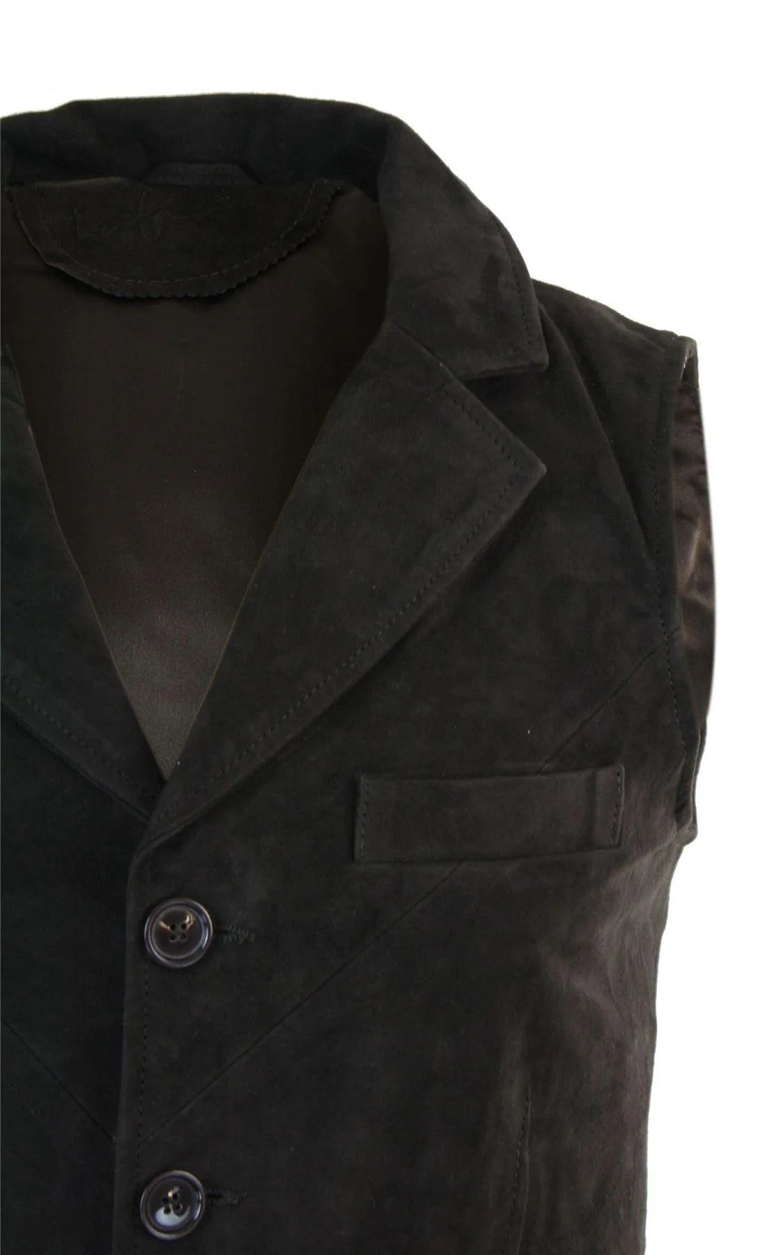 Colete masculino de camurça marrom, estilo vintage retrô, para ocasiões formais e informais.