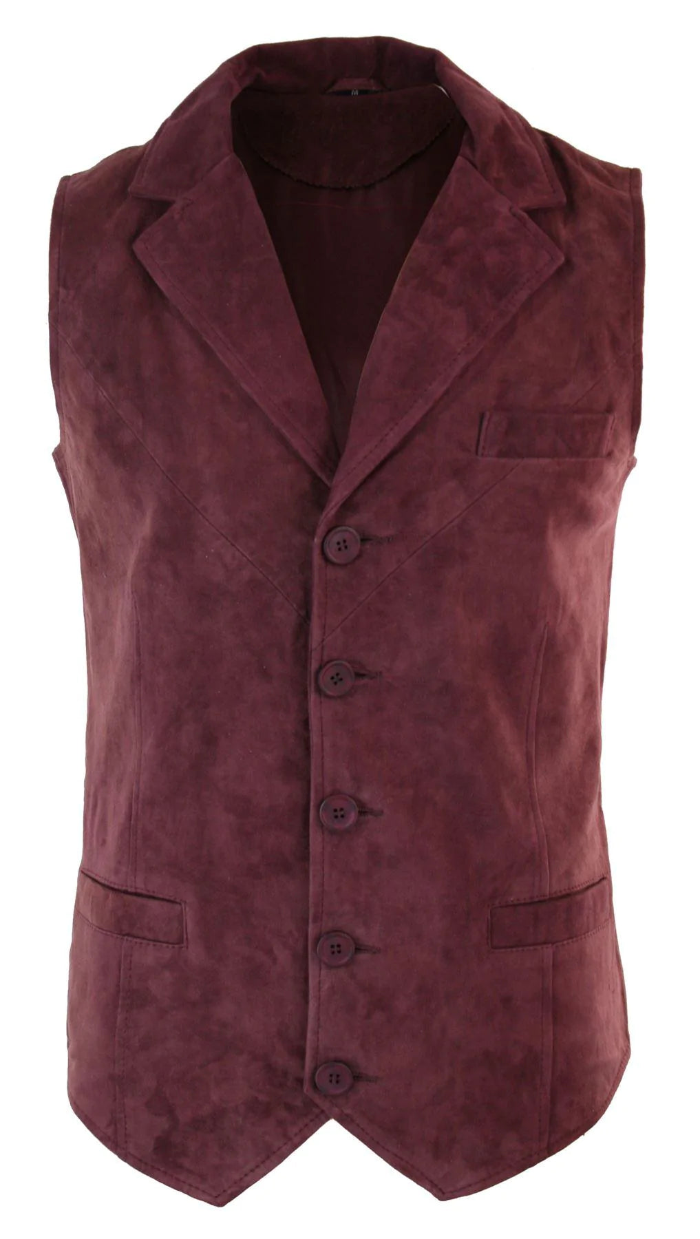 Colete masculino de camurça genuína bordô, estilo vintage retrô, para ocasiões formais e casuais.