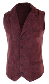 Colete masculino de camurça genuína bordô, estilo vintage retrô, para ocasiões formais e casuais.