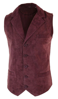 Colete masculino de camurça genuína bordô, estilo vintage retrô, para ocasiões formais e casuais.
