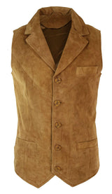 Colete masculino de camurça genuína marrom claro, estilo vintage retrô, para ocasiões formais e casuais.