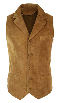 Colete masculino de camurça genuína marrom claro, estilo vintage retrô, para ocasiões formais e casuais.