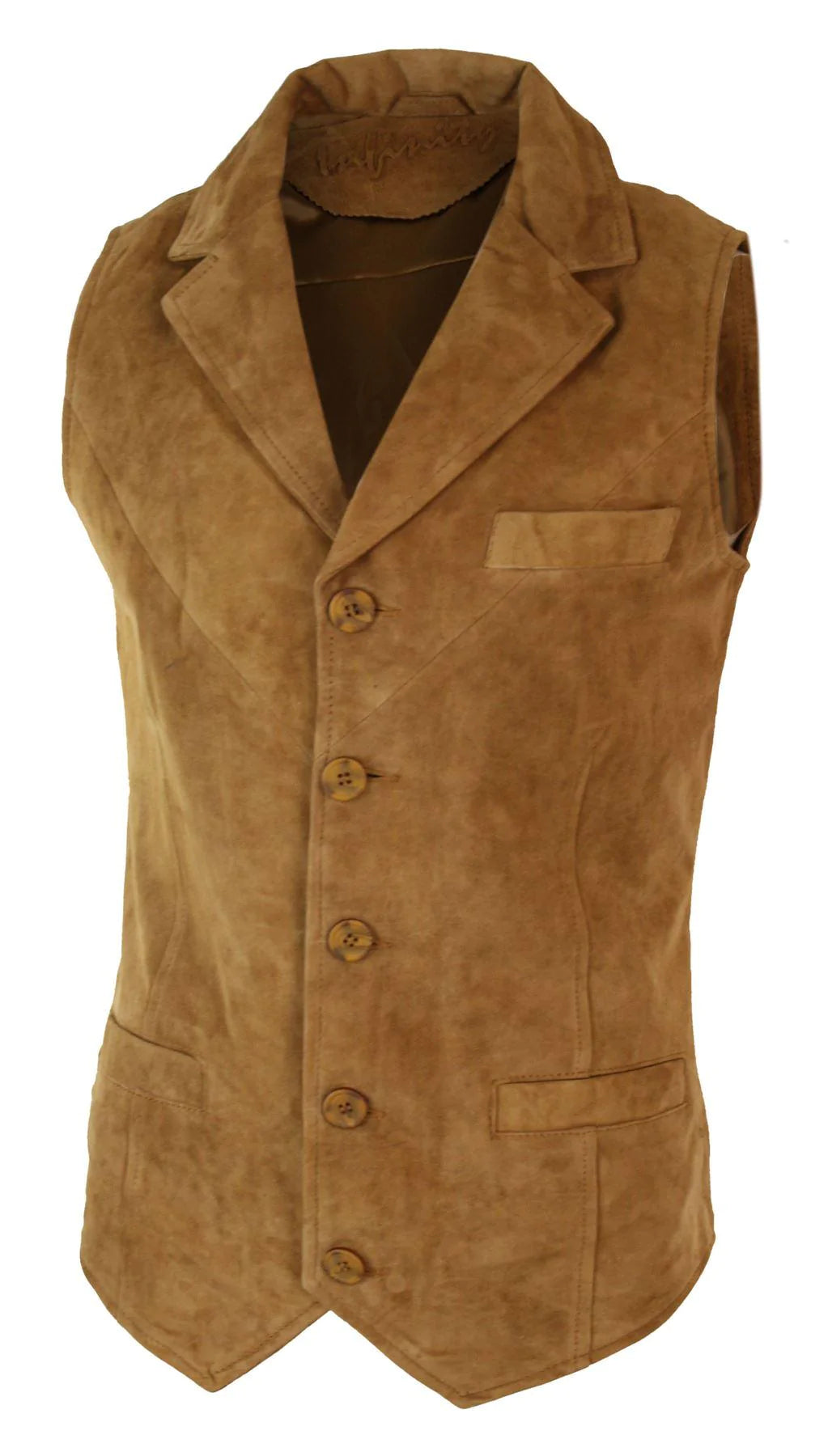 Colete masculino de camurça genuína marrom claro, estilo vintage retrô, para ocasiões formais e casuais.