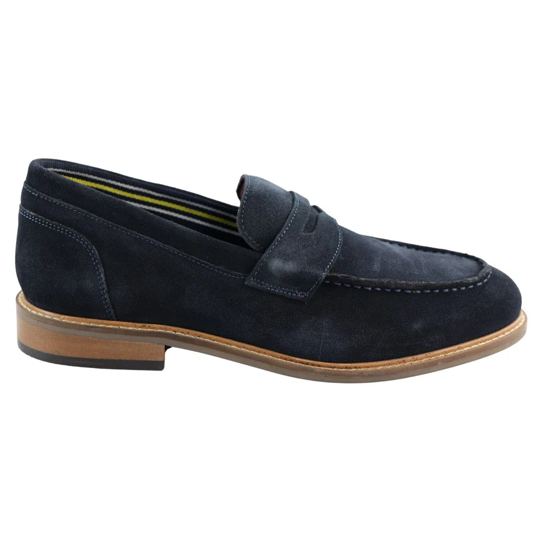 Mocassins masculinos de camurça genuína, estilo náutico, azul-marinho, elegantes, casuais e confortáveis.
