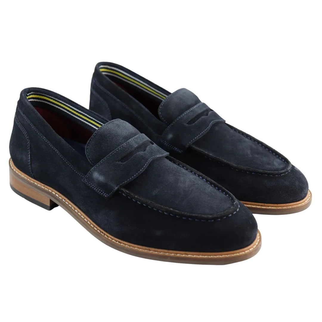 Mocassins masculinos de camurça genuína, estilo náutico, azul-marinho, elegantes, casuais e confortáveis.
