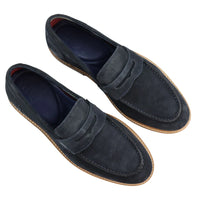 Mocassins masculinos de camurça genuína, estilo náutico, azul-marinho, elegantes, casuais e confortáveis.