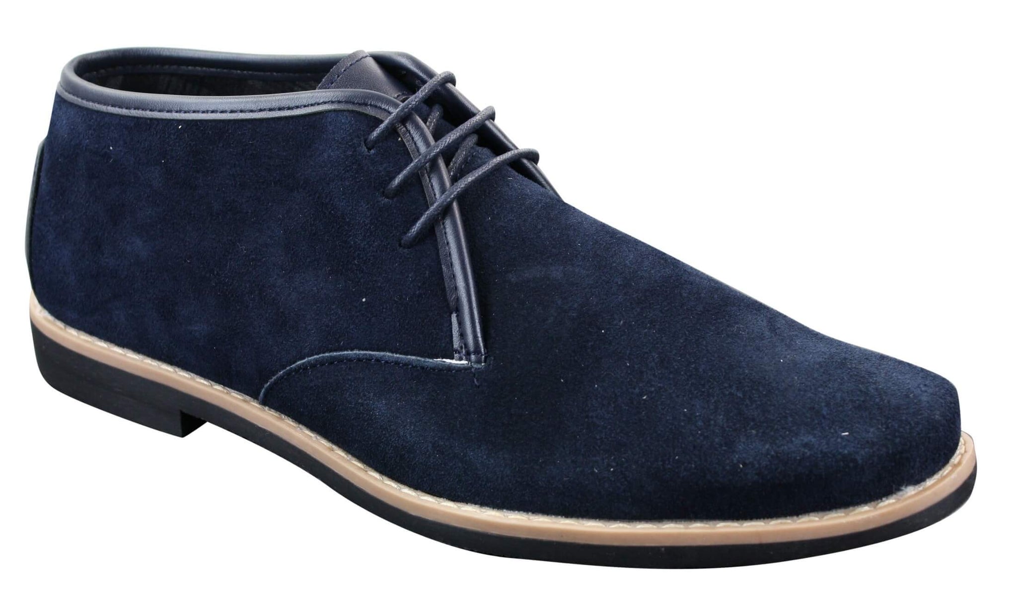 Bota Chelsea de cano baixo em camurça Elong K16 para homem, com cadarço, modelo Chukka Dessert, interior em couro, cor azul marinho.