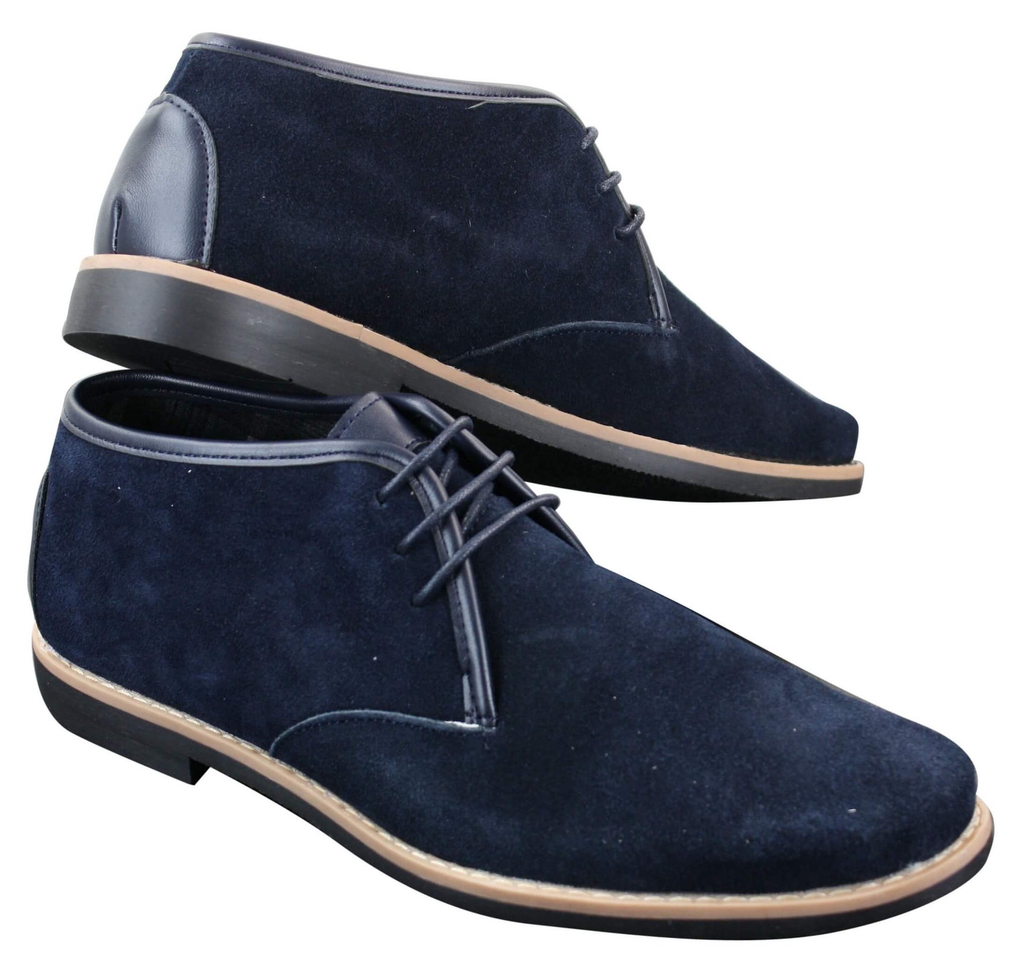 Bota Chelsea de cano baixo em camurça Elong K16 para homem, com cadarço, modelo Chukka Dessert, interior em couro, cor azul marinho.