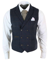 Colete masculino de tweed espinha de peixe com abotoamento duplo, estilo Peaky Blinders, xadrez vintage, azul marinho.
