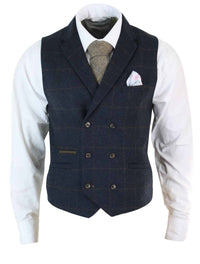 Colete masculino de tweed espinha de peixe com abotoamento duplo, estilo Peaky Blinders, xadrez vintage, azul marinho.