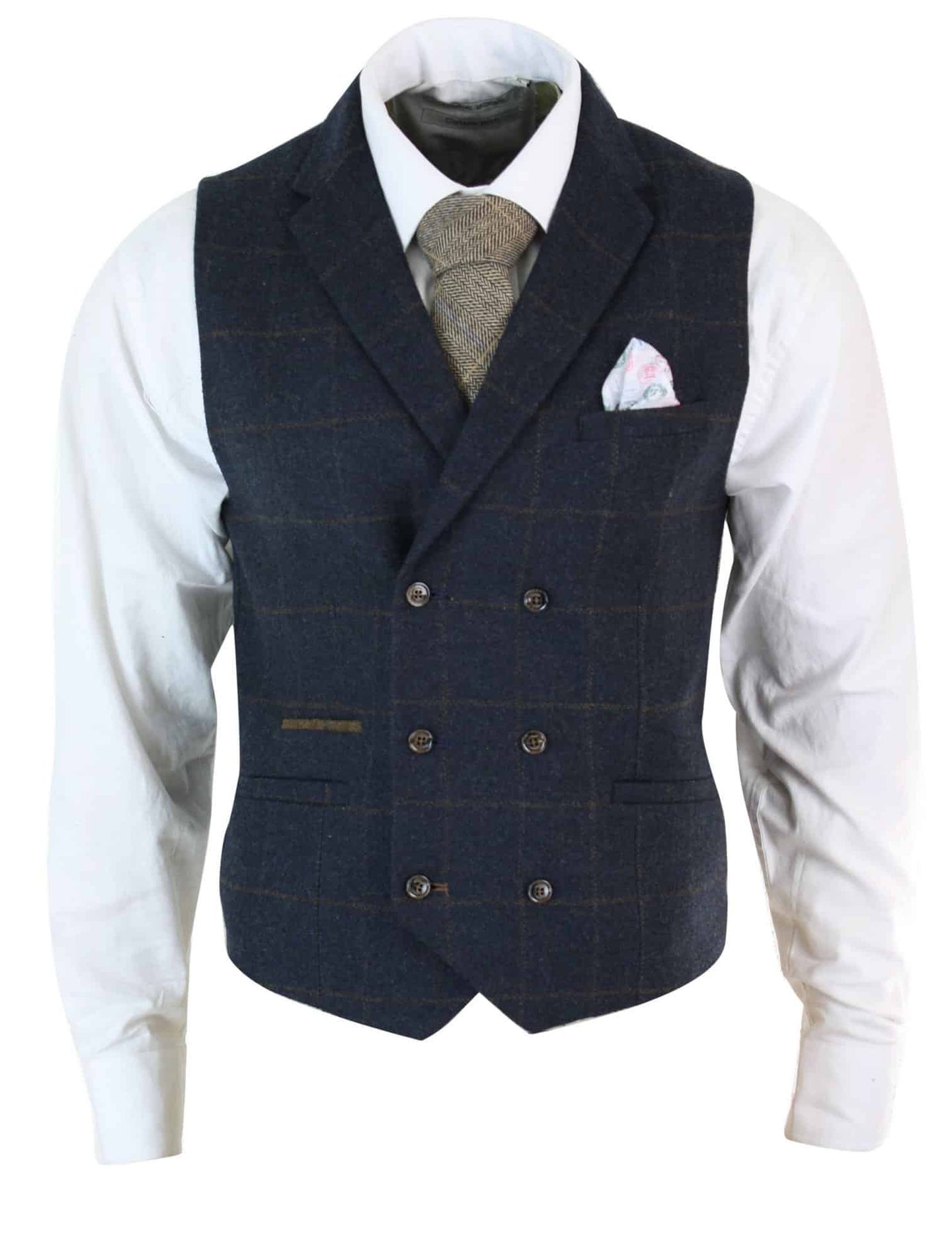 Colete masculino de tweed espinha de peixe com abotoamento duplo, estilo Peaky Blinders, xadrez vintage, azul marinho.