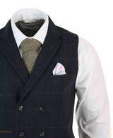 Colete masculino de tweed espinha de peixe com abotoamento duplo, estilo Peaky Blinders, xadrez vintage, azul marinho.