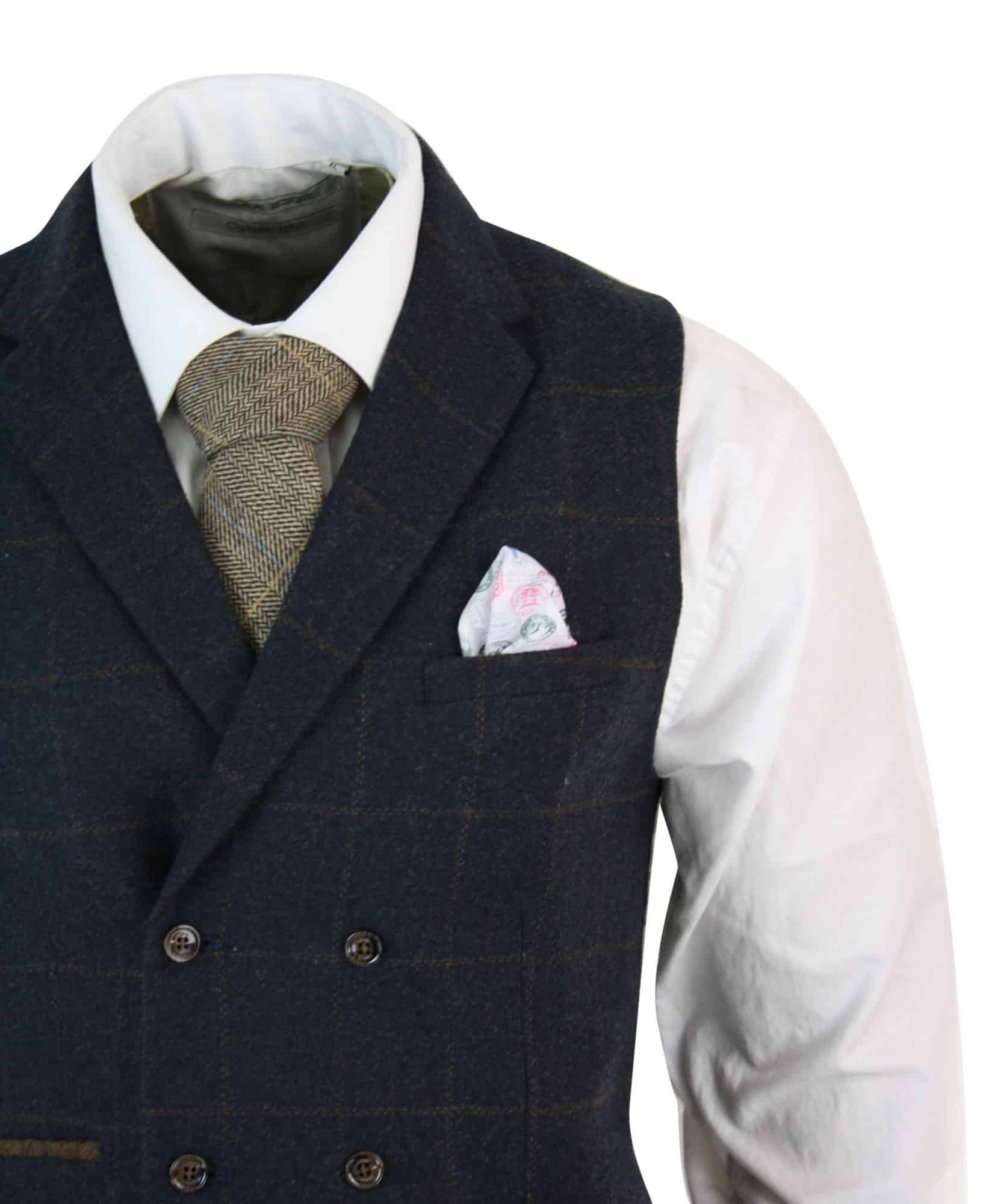 Colete masculino de tweed espinha de peixe com abotoamento duplo, estilo Peaky Blinders, xadrez vintage, azul marinho.