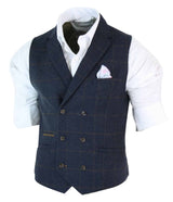 Colete masculino de tweed espinha de peixe com abotoamento duplo, estilo Peaky Blinders, xadrez vintage, azul marinho.