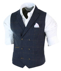 Colete masculino de tweed espinha de peixe com abotoamento duplo, estilo Peaky Blinders, xadrez vintage, azul marinho.