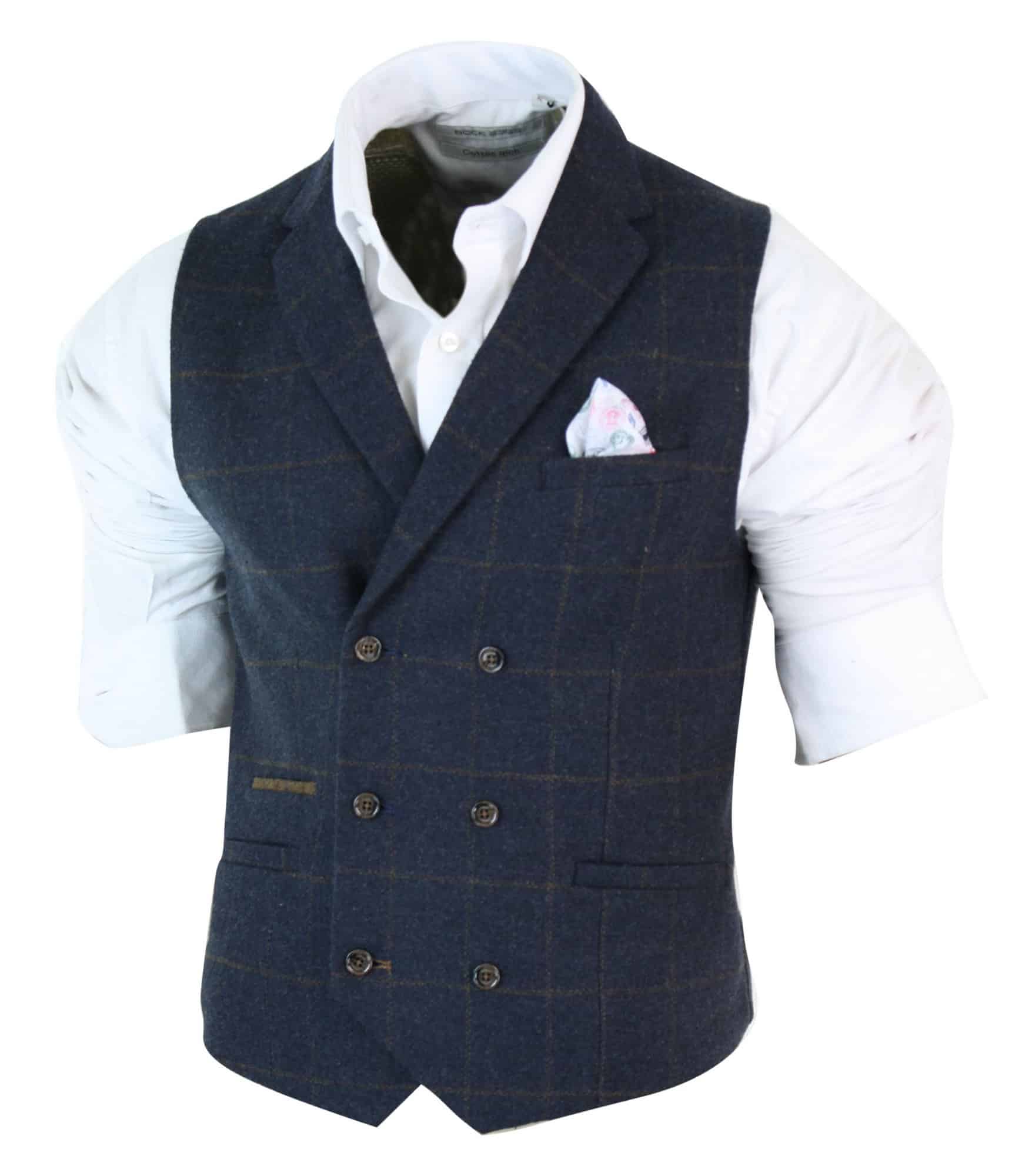 Colete masculino de tweed espinha de peixe com abotoamento duplo, estilo Peaky Blinders, xadrez vintage, azul marinho.