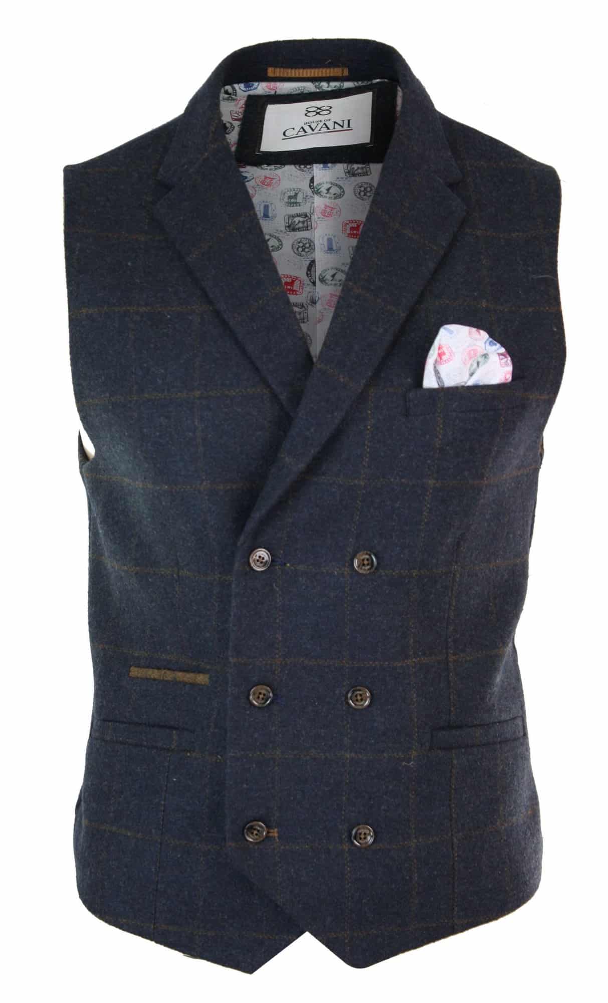 Colete masculino de tweed espinha de peixe com abotoamento duplo, estilo Peaky Blinders, xadrez vintage, azul marinho.