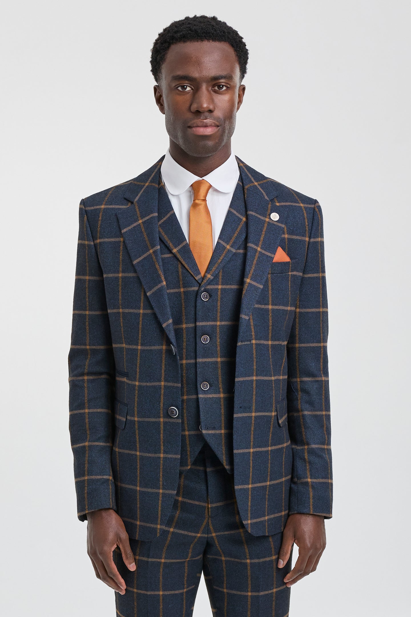 Terno masculino de lã com estampa espinha de peixe e xadrez, 3 peças, estilo Peaky Blinders - Azul Marinho