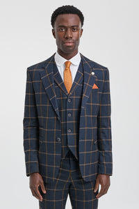Terno masculino de lã com estampa espinha de peixe e xadrez, 3 peças, estilo Peaky Blinders - Azul Marinho