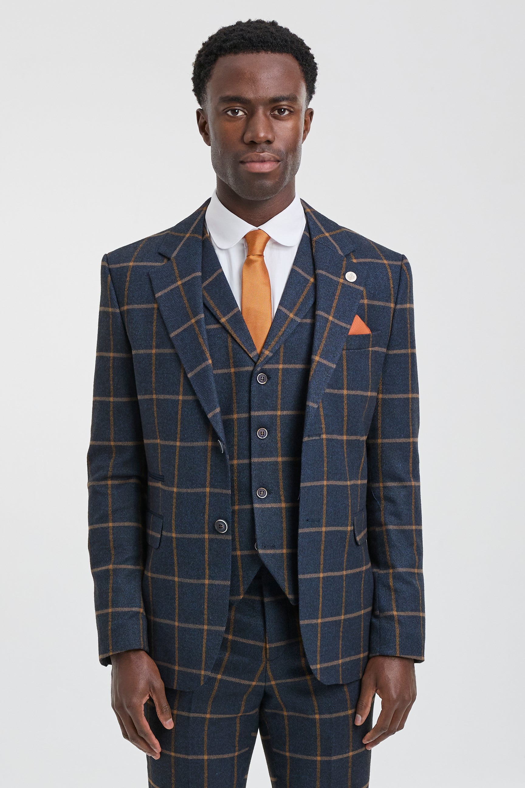 Terno masculino de lã com estampa espinha de peixe e xadrez, 3 peças, estilo Peaky Blinders - Azul Marinho