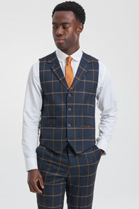 Terno masculino de lã com estampa espinha de peixe e xadrez, 3 peças, estilo Peaky Blinders - Azul Marinho