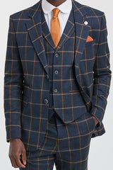 Terno masculino de lã com estampa espinha de peixe e xadrez, 3 peças, estilo Peaky Blinders - Azul Marinho