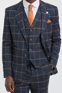 Terno masculino de lã com estampa espinha de peixe e xadrez, 3 peças, estilo Peaky Blinders - Azul Marinho