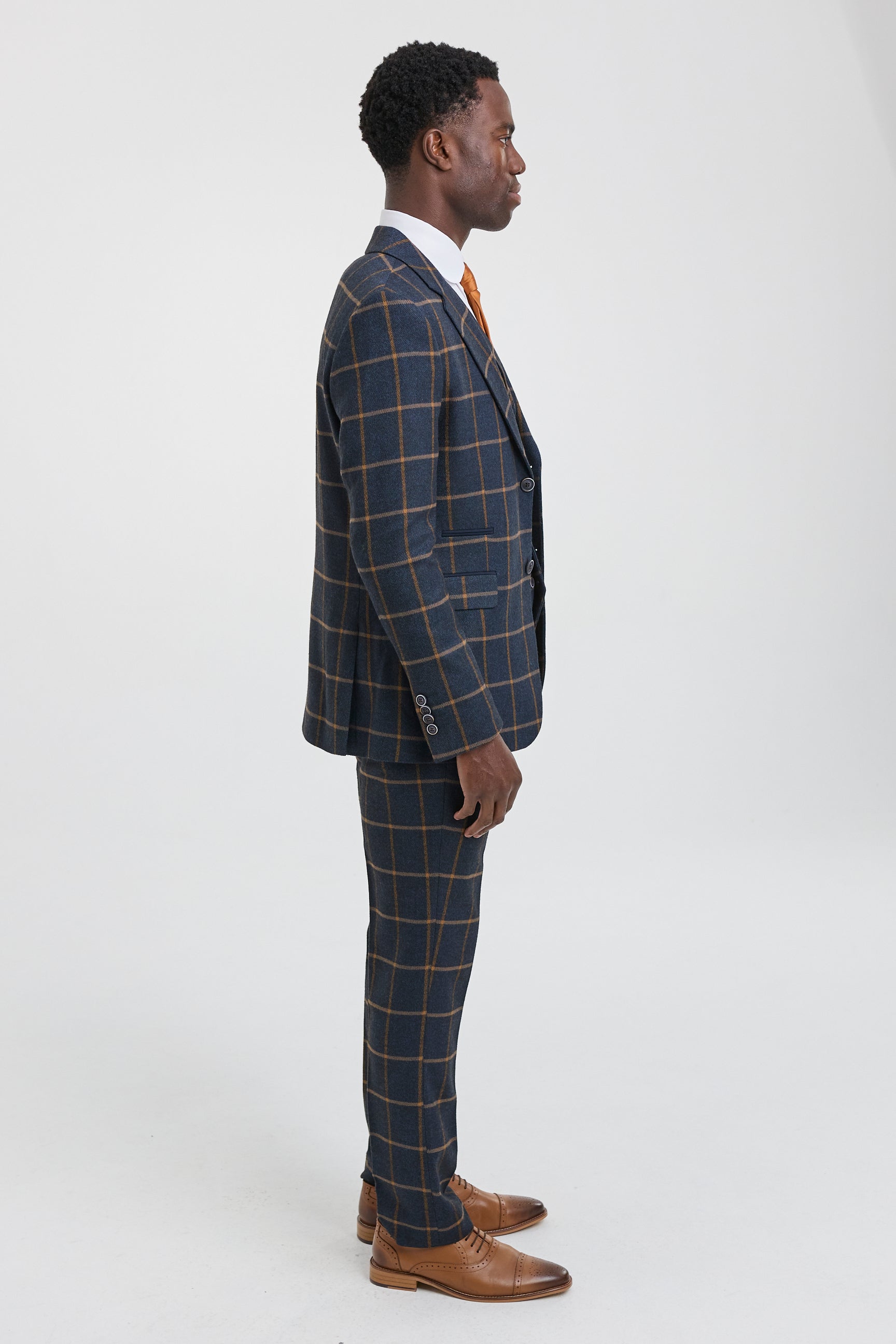 Terno masculino de lã com estampa espinha de peixe e xadrez, 3 peças, estilo Peaky Blinders - Azul Marinho