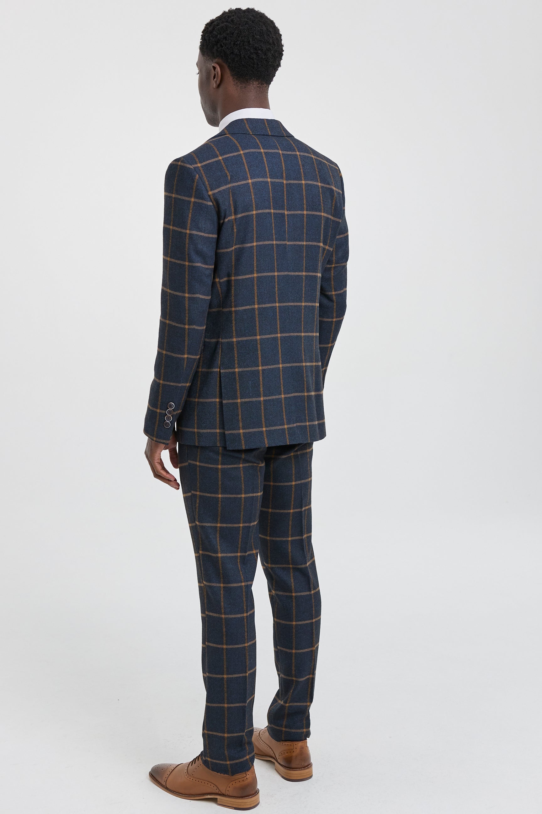 Terno masculino de lã com estampa espinha de peixe e xadrez, 3 peças, estilo Peaky Blinders - Azul Marinho