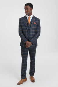 Terno masculino de lã com estampa espinha de peixe e xadrez, 3 peças, estilo Peaky Blinders - Azul Marinho