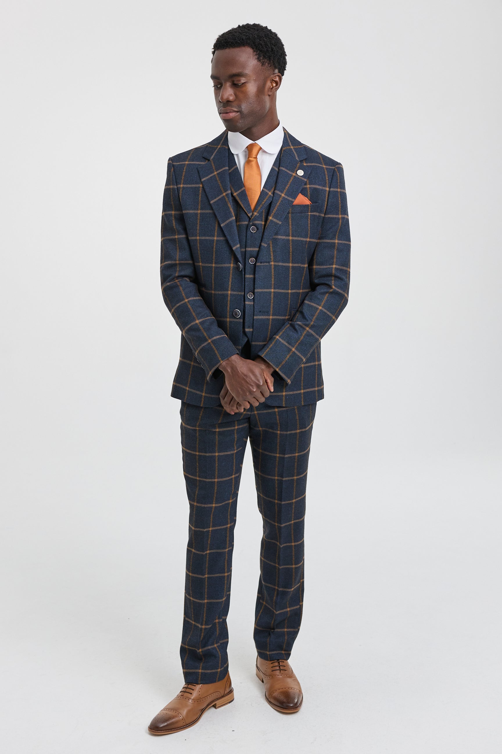 Terno masculino de lã com estampa espinha de peixe e xadrez, 3 peças, estilo Peaky Blinders - Azul Marinho