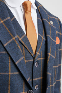 Terno masculino de lã com estampa espinha de peixe e xadrez, 3 peças, estilo Peaky Blinders - Azul Marinho
