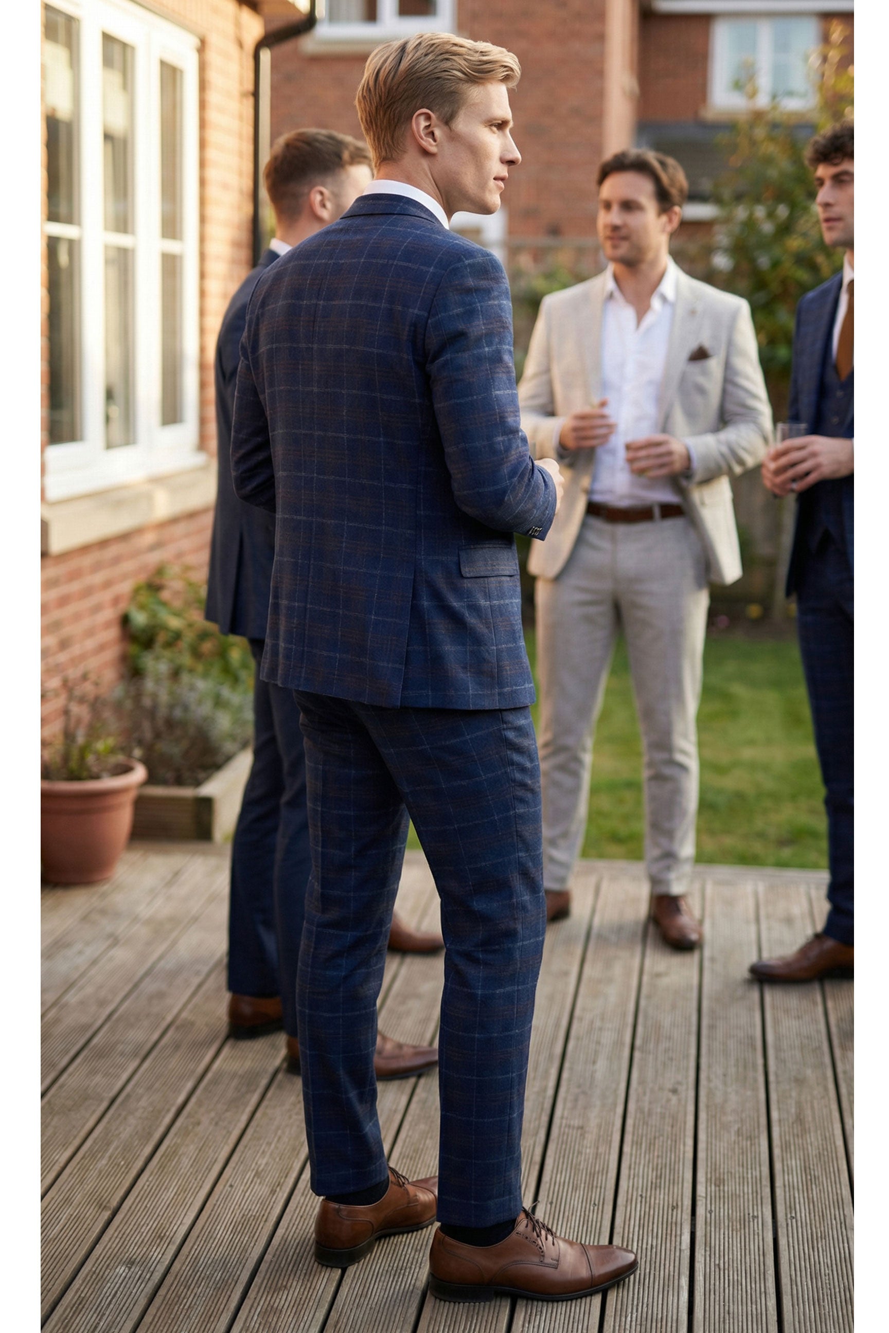 Terno masculino de três peças xadrez azul-marinho - Paul Andrew Kenneth