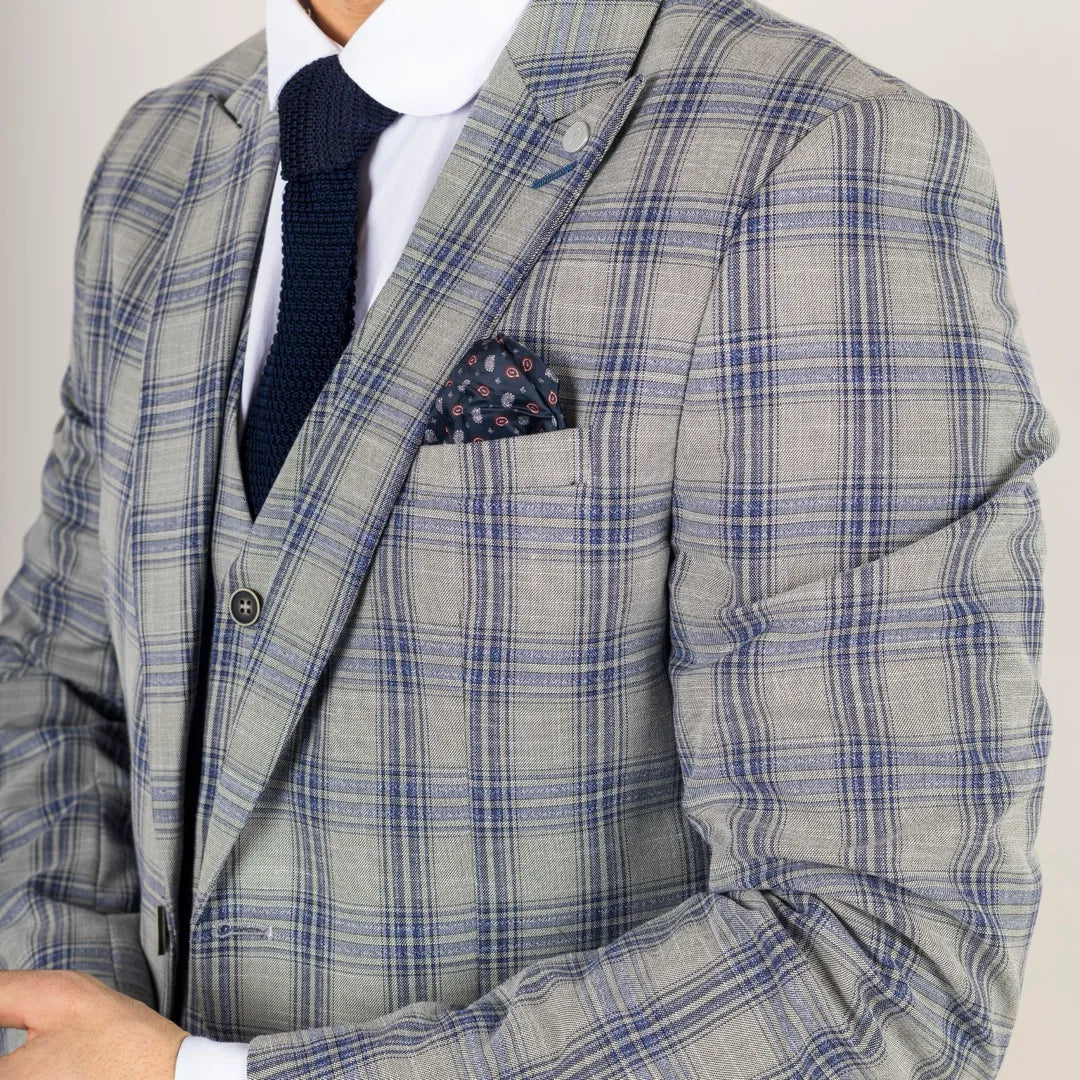Terno masculino Knight de 3 peças xadrez cinza e azul