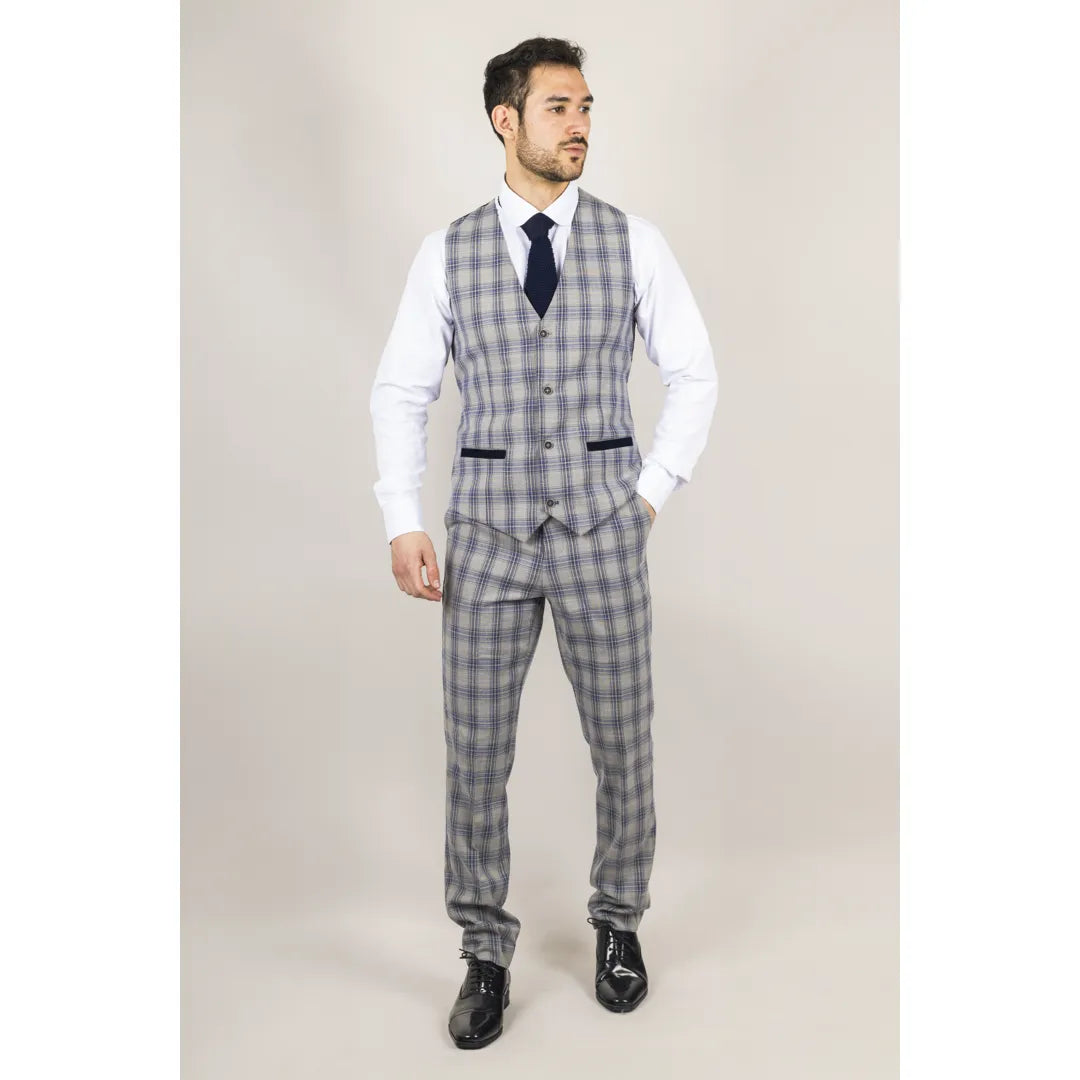 Terno masculino Knight de 3 peças xadrez cinza e azul