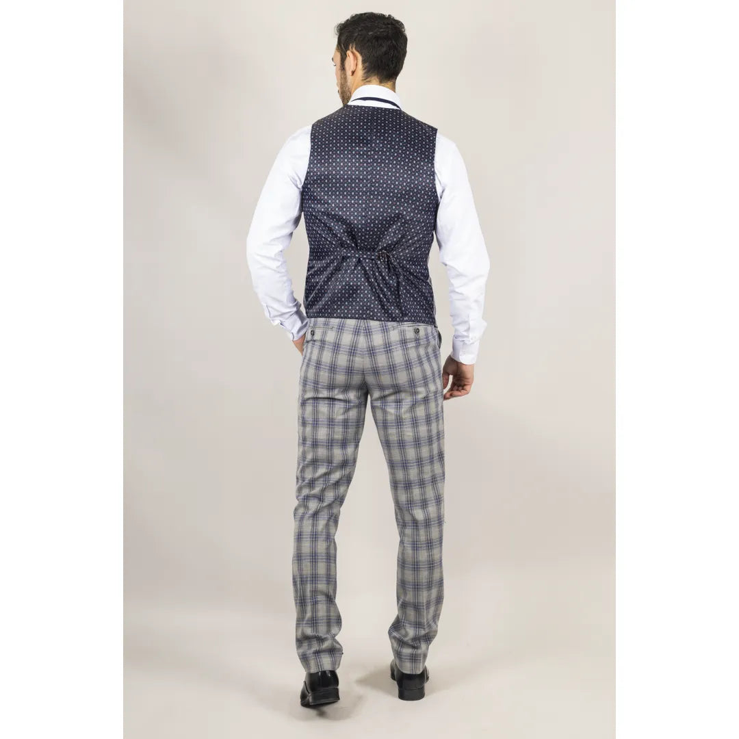 Terno masculino Knight de 3 peças xadrez cinza e azul