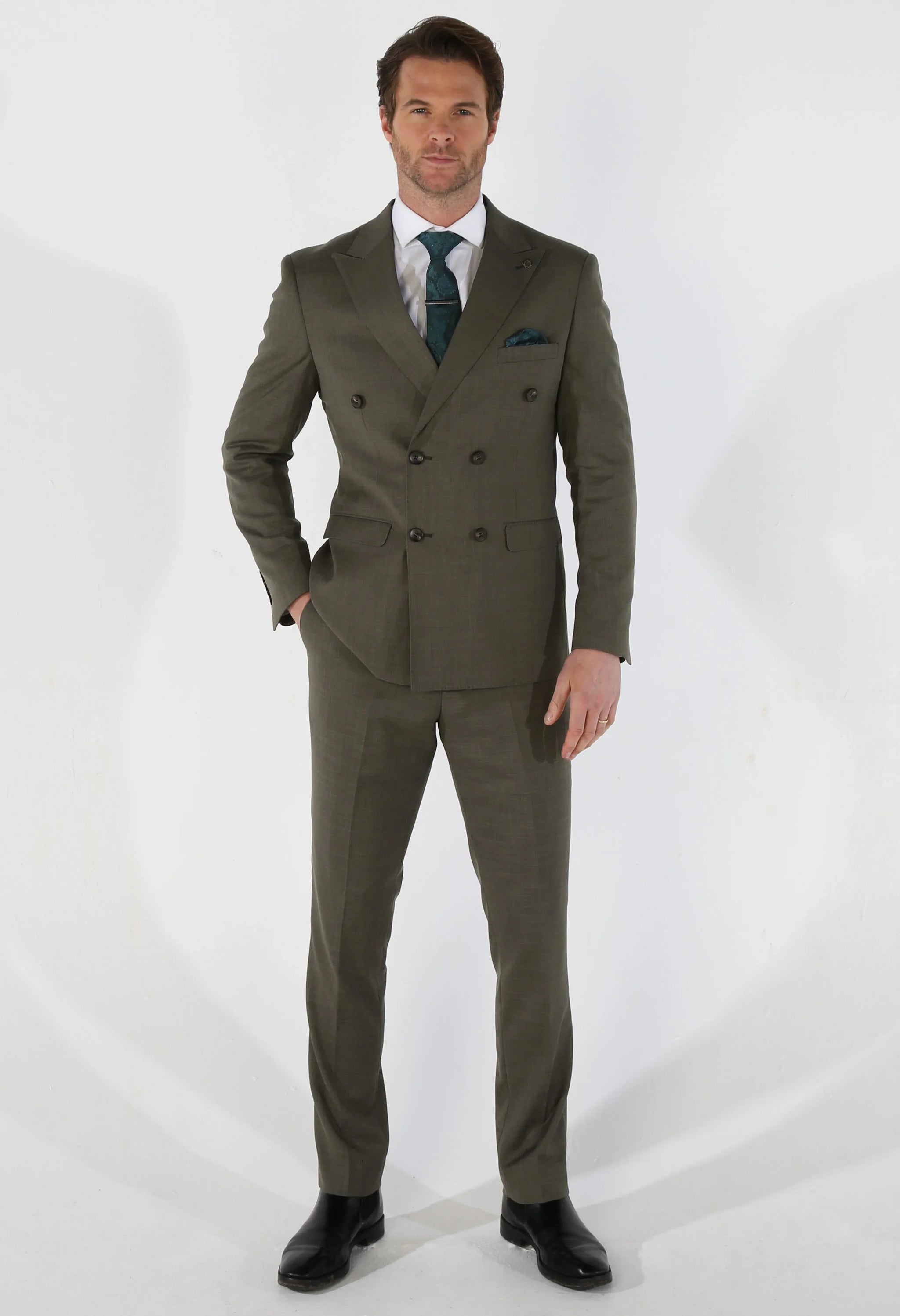 Kurt - Terno masculino de duas peças verde-sálvia com abotoamento duplo