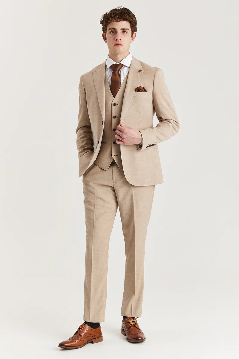 Terno masculino bege de tweed xadrez de 3 peças