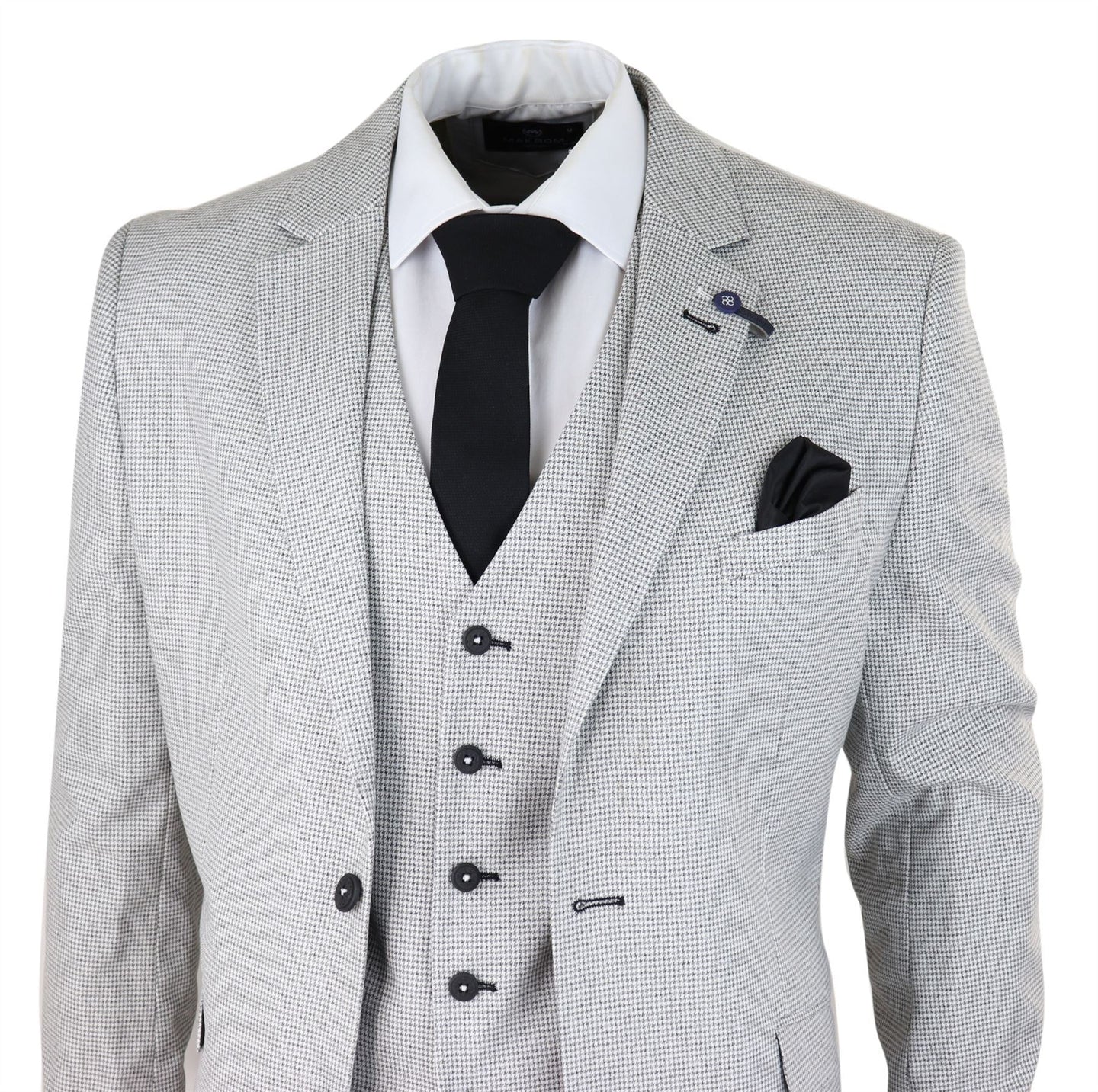 Terno masculino de 3 peças em xadrez preto e cinza claro, corte sob medida, estilo retrô vintage clássico e elegante.