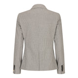 Blazer feminino bege em tweed e lã, estilo clássico de caça, vintage anos 1920, retrô.