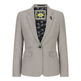 Blazer feminino bege em tweed e lã, estilo clássico de caça, vintage anos 1920, retrô.