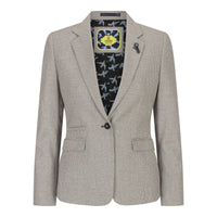 Blazer feminino bege em tweed e lã, estilo clássico de caça, vintage anos 1920, retrô.