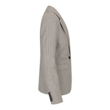 Blazer feminino bege em tweed e lã, estilo clássico de caça, vintage anos 1920, retrô.